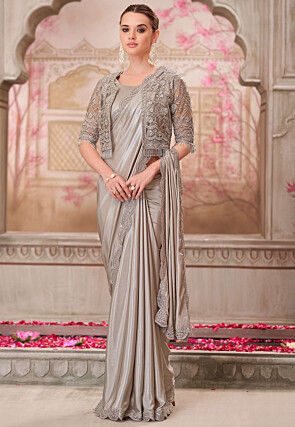 Embroidered Border Satin Silk Scalloped Saree in Fawn