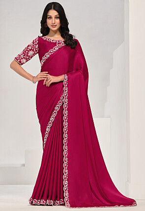 Embroidered Border Satin Silk Scalloped Saree in Fuchsia