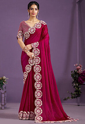 Embroidered Border Satin Silk Scalloped Saree in Fuchsia