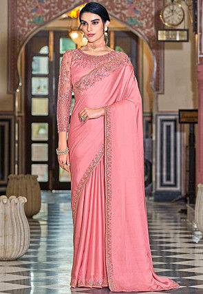 Embroidered Border Satin Silk Scalloped Saree in Pink