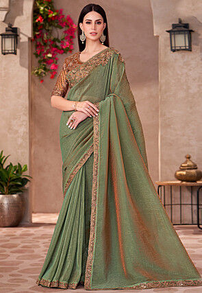 Embroidered Border Tissue Saree in Dusty Green