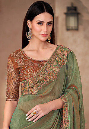 Embroidered Border Tissue Saree in Dusty Green