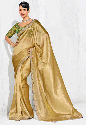 Embroidered Border Tissue Saree in Golden