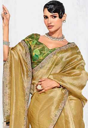Embroidered Border Tissue Saree in Golden