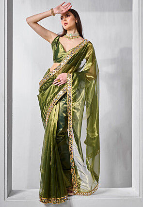 Embroidered Border Tissue Saree in Green