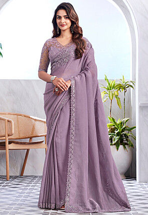 Embroidered Border Tissue Saree in Light Purple