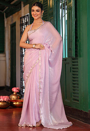 Embroidered Border Tissue Saree in Light Purple