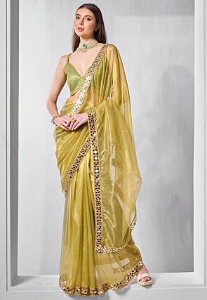 Embroidered Border Tissue Saree in Olive Green
