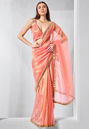 Embroidered Border Tissue Saree in Peach