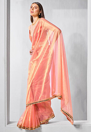 Embroidered Border Tissue Saree in Peach