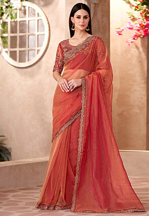 Embroidered Border Tissue Saree in Rust