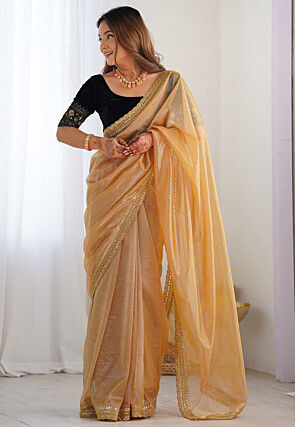 Embroidered Border Tissue Scalloped Saree in Beige
