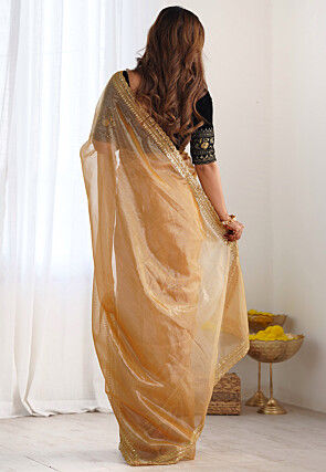 Embroidered Border Tissue Scalloped Saree in Beige