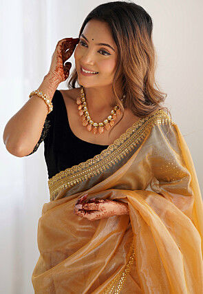 Embroidered Border Tissue Scalloped Saree in Beige