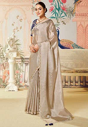 Embroidered Border Tissue Scalloped Saree in Fawn