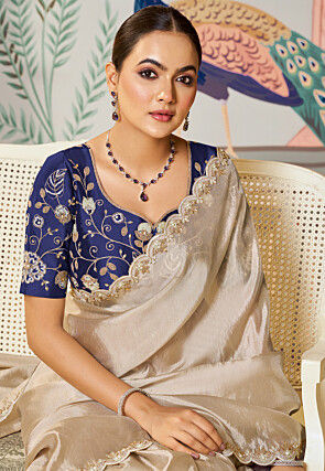 Embroidered Border Tissue Scalloped Saree in Fawn