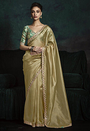 Embroidered Border Tissue Scalloped Saree in Golden