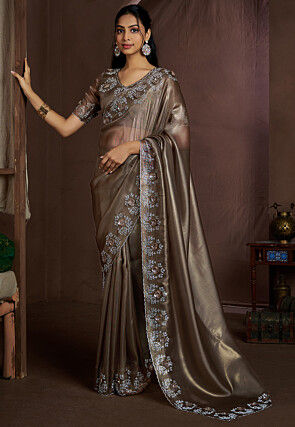 Embroidered Border Tissue Shimmer Saree in Antique