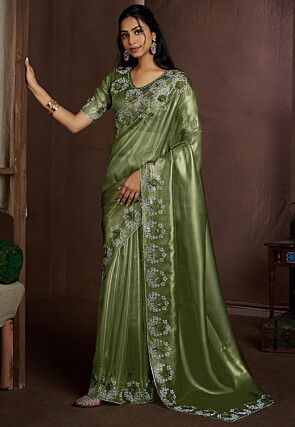 Embroidered Border Tissue Shimmer Saree in Light Green