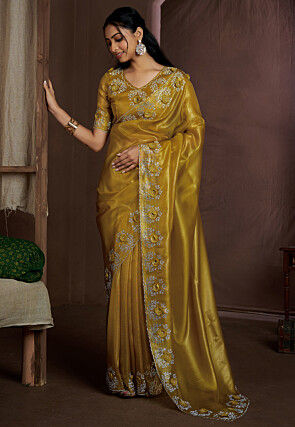 Embroidered Border Tissue Shimmer Saree in Mustard