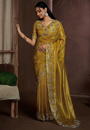 Embroidered Border Tissue Shimmer Saree in Mustard