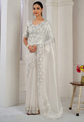Embroidered Border Tissue Shimmer Saree in Off White