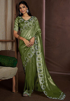 Embroidered Border Tissue Shimmer Saree in Olive Green