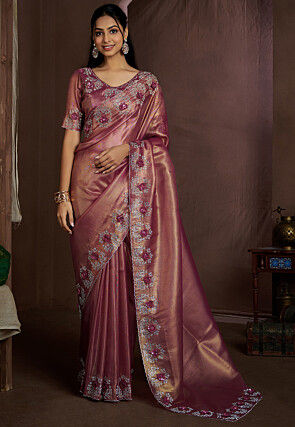 Embroidered Border Tissue Shimmer Saree in Pink