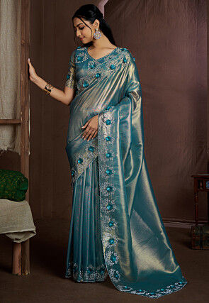 Embroidered Border Tissue Shimmer Saree in Teal Blue