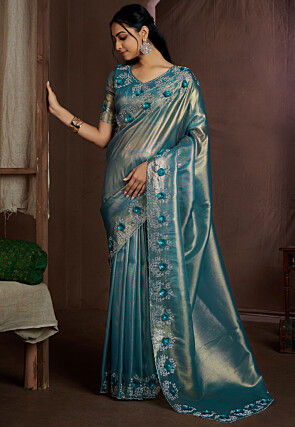 Embroidered Border Tissue Shimmer Saree in Teal Blue