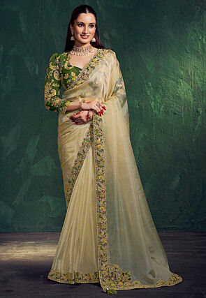 Embroidered Border Tissue Silk Saree in Beige