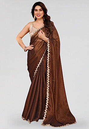 Embroidered Border Tissue Silk Saree in Brown