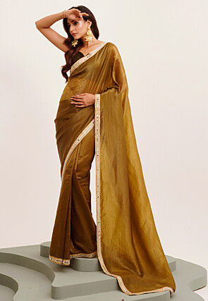 Embroidered Border Tissue Silk Saree in Dark Olive Green