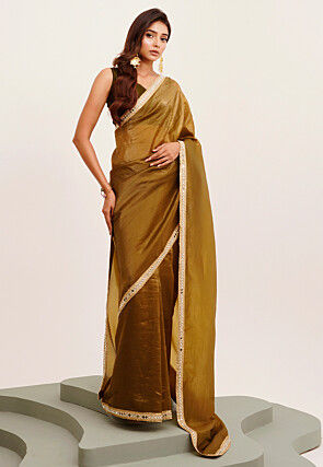 Embroidered Border Tissue Silk Saree in Dark Olive Green