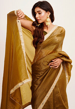 Embroidered Border Tissue Silk Saree in Dark Olive Green