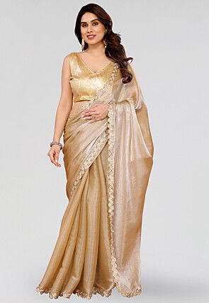 Embroidered Border Tissue Silk Saree in Beige