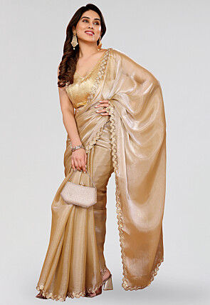 Embroidered Border Tissue Silk Saree in Beige