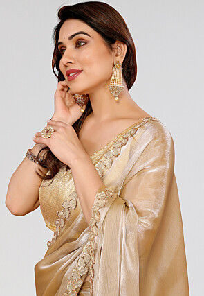 Embroidered Border Tissue Silk Saree in Beige