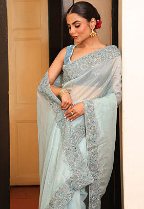 Embroidered Border Tissue Silk Saree in Light Blue
