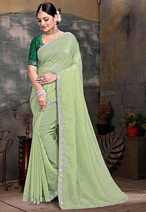 Embroidered Border Tissue Silk Saree in Light Green