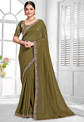 Embroidered Border Tissue Silk Saree in Olive Green
