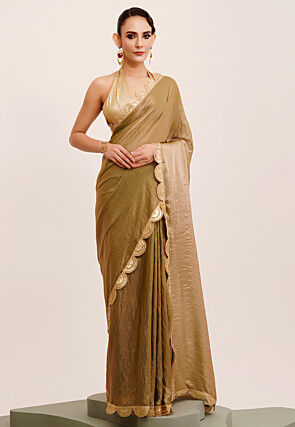 Embroidered Border Tissue Silk Saree in Olive Green