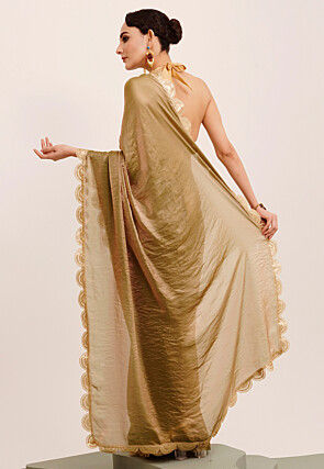 Embroidered Border Tissue Silk Saree in Olive Green