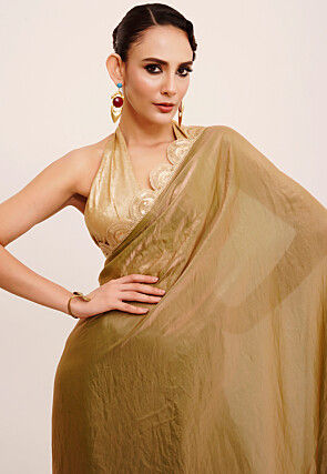 Embroidered Border Tissue Silk Saree in Olive Green