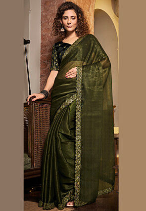 Embroidered Border Tissue Silk Saree in Olive Green