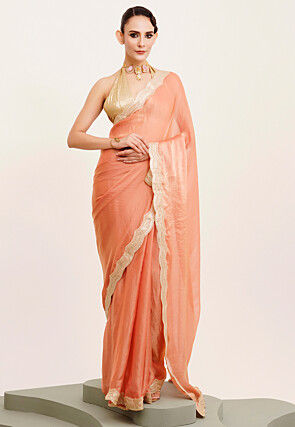 Embroidered Border Tissue Silk Saree in Peach