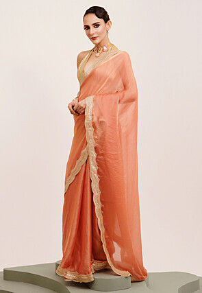 Embroidered Border Tissue Silk Saree in Peach
