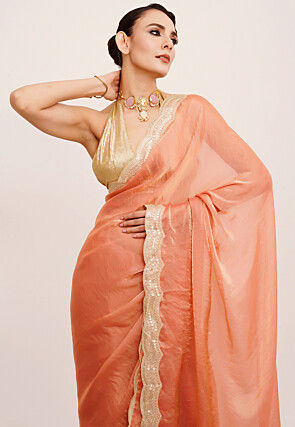 Embroidered Border Tissue Silk Saree in Peach