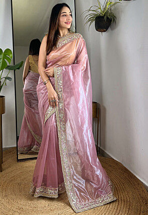 Embroidered Border Tissue Silk Saree in Pink