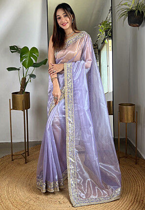 Embroidered Border Tissue Silk Saree in Purple